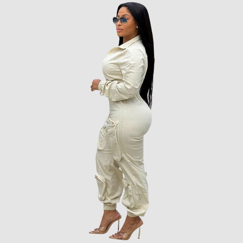 Lapel Patch Pocket Cargo Jumpsuits Black / L