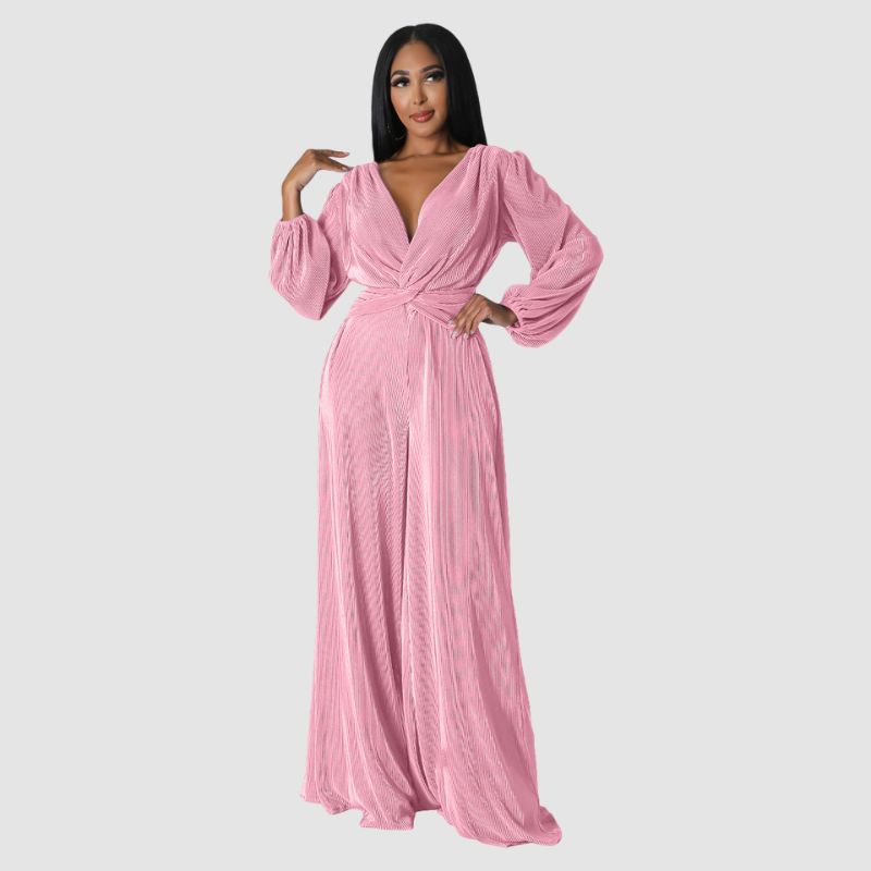 Pleated Long Sleeve Jumpsuits Black / 2XL