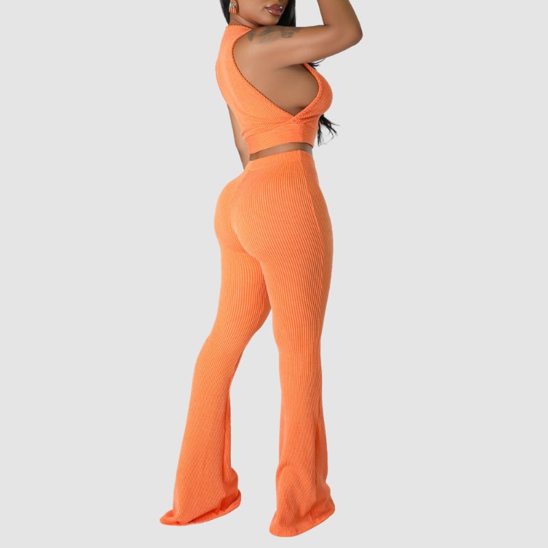 Solid Color Ribbed Knit Vest Set Orange / L