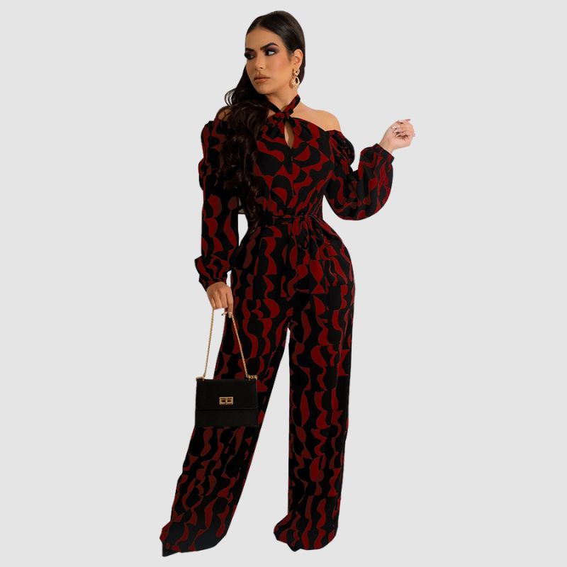Irregular Printed Halter Jumpsuits Coffee / L