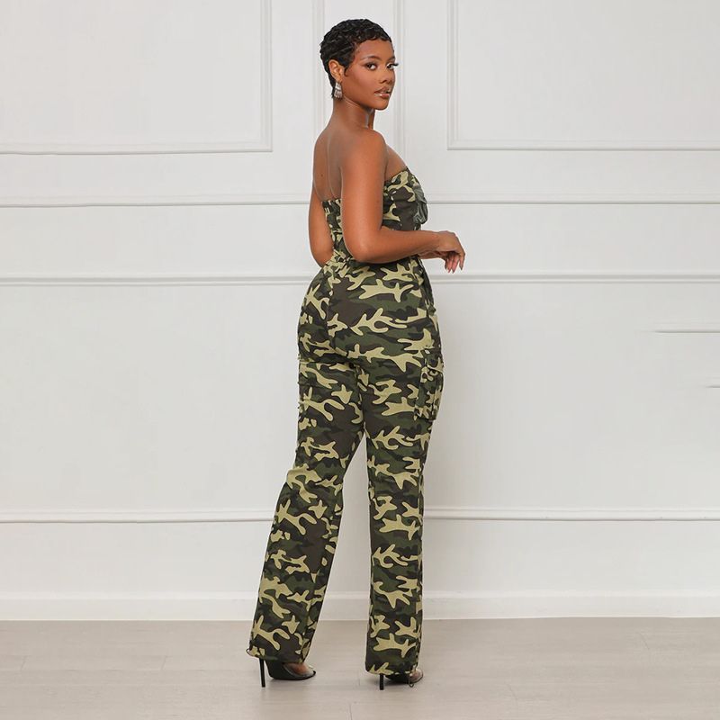 Drawstring Waist Camouflage Jumpsuits Green / L