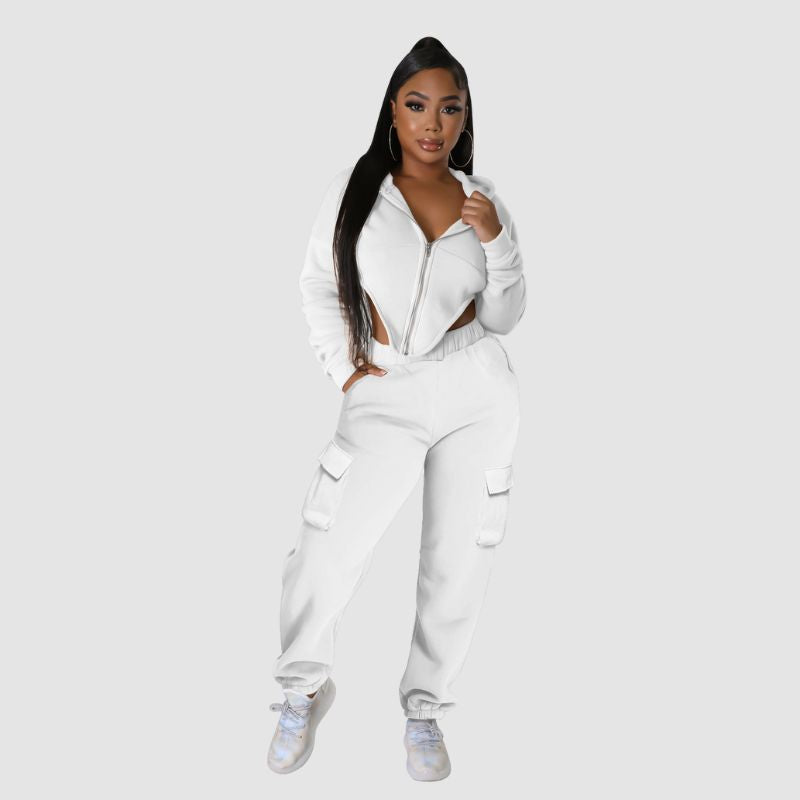 Irregular Zipper Top & Cargo Pant Set Black / L