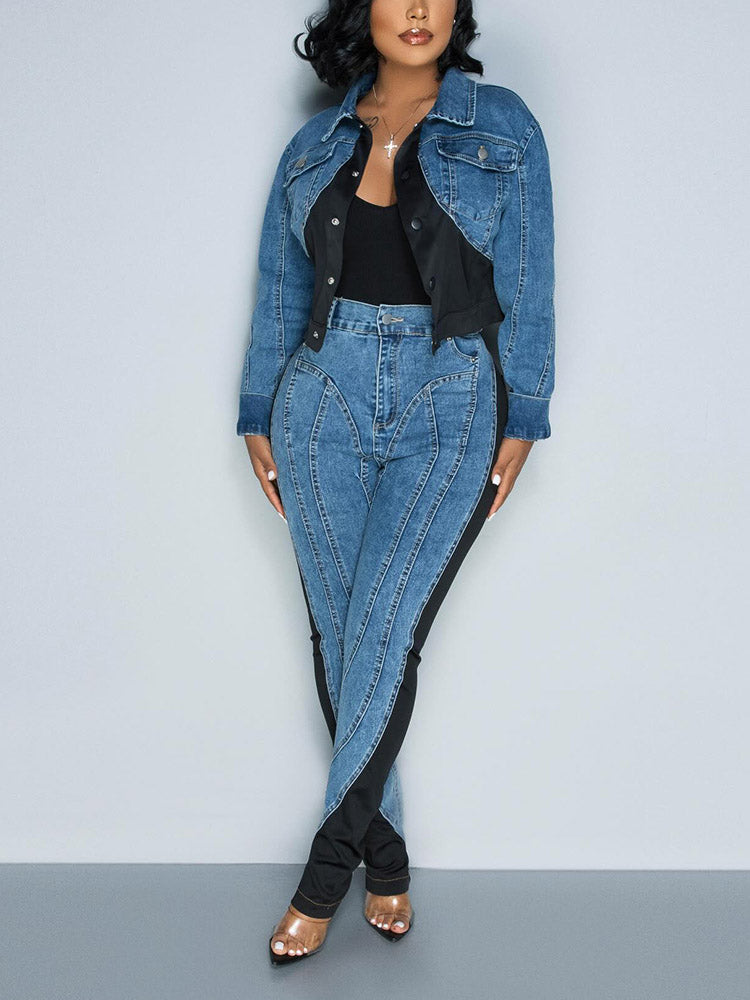 Color Contrast Denim Jacket & Jeans Jacket / M