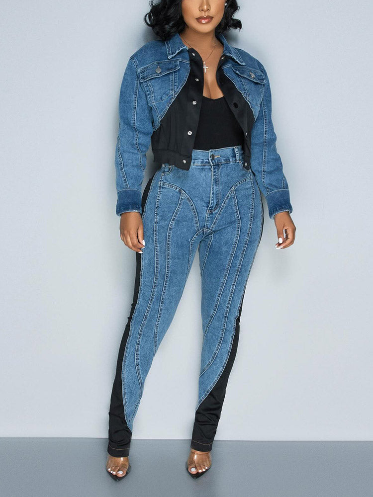 Color Contrast Denim Jacket & Jeans Jacket / L