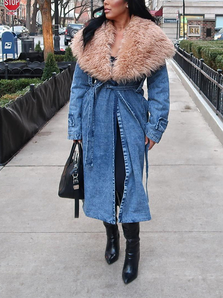 Fur Collar Denim Trench Coat *Black / L