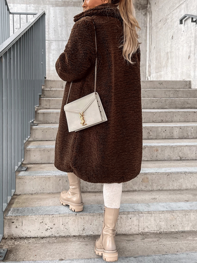 Solid Lapel Teddy Fur Long Coat Brown / S