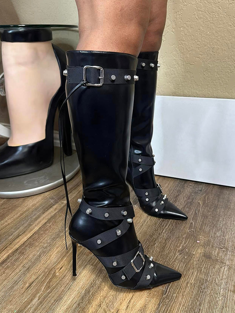 Studded Buckled Strap Leather Boots Rose / 10.5/11