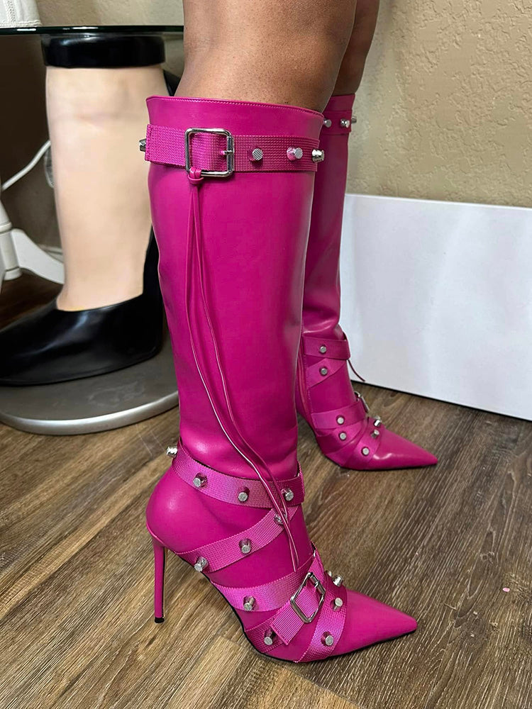 Studded Buckled Strap Leather Boots Rose / 7.5/8