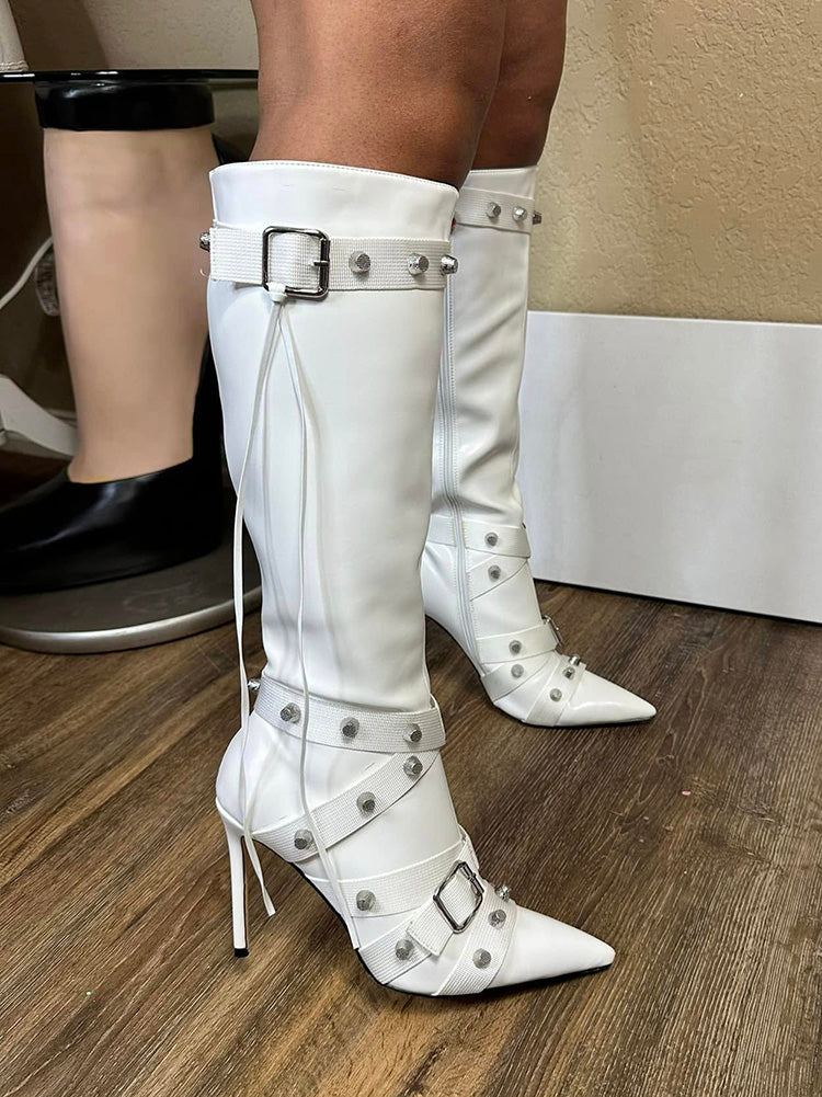 Studded Buckled Strap Leather Boots Black / 10