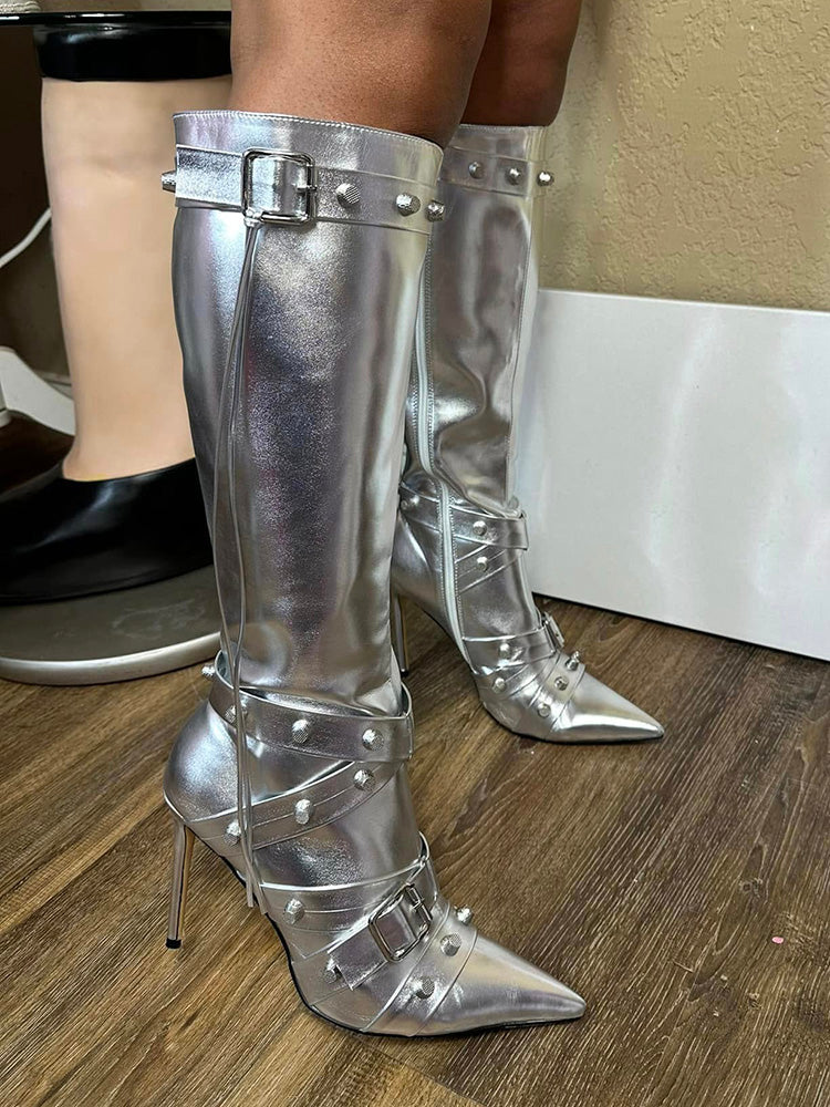 Studded Buckled Strap Leather Boots Black / 10.5/11