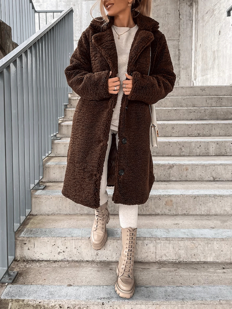 Solid Lapel Teddy Fur Long Coat Brown / 2XL