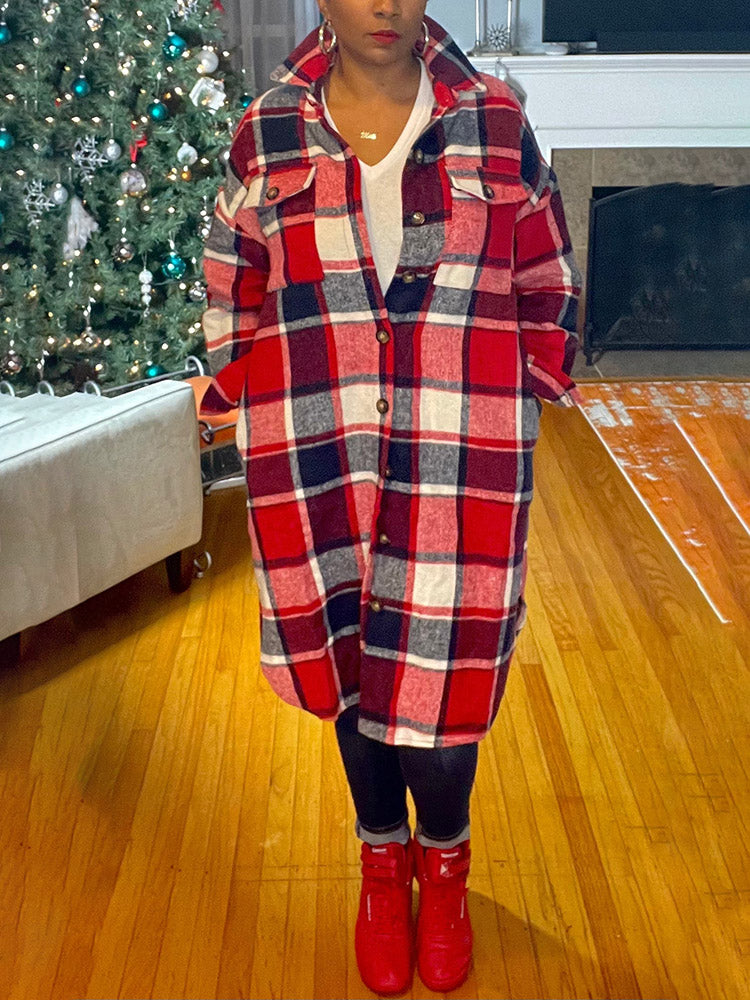 Flannel Pocket Plaid Cardigan Red / L