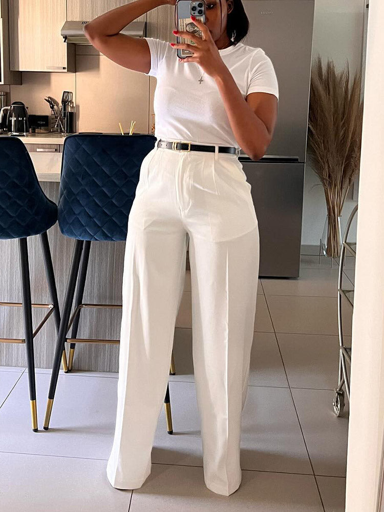 Solid Wide Leg Pants White / S