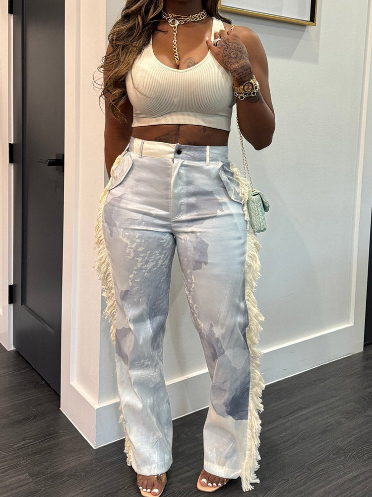 Watercolor Palette Fringe Pants Green / M