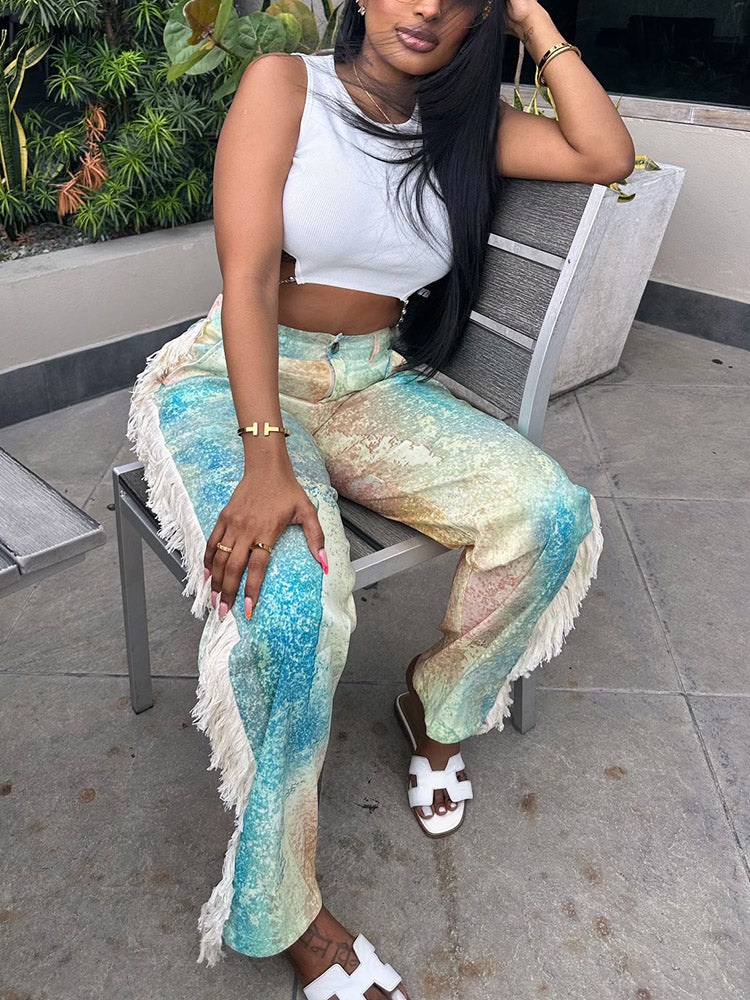 Watercolor Palette Fringe Pants Gray* / S