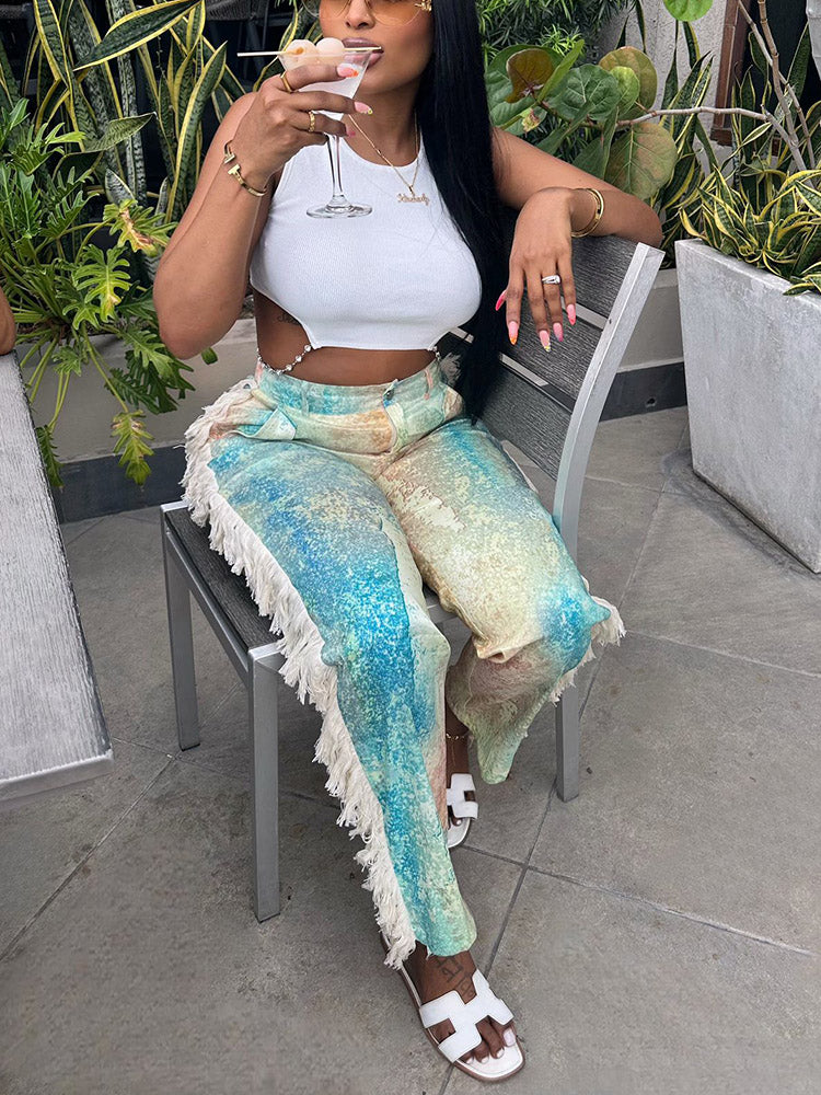 Watercolor Palette Fringe Pants Gray* / M