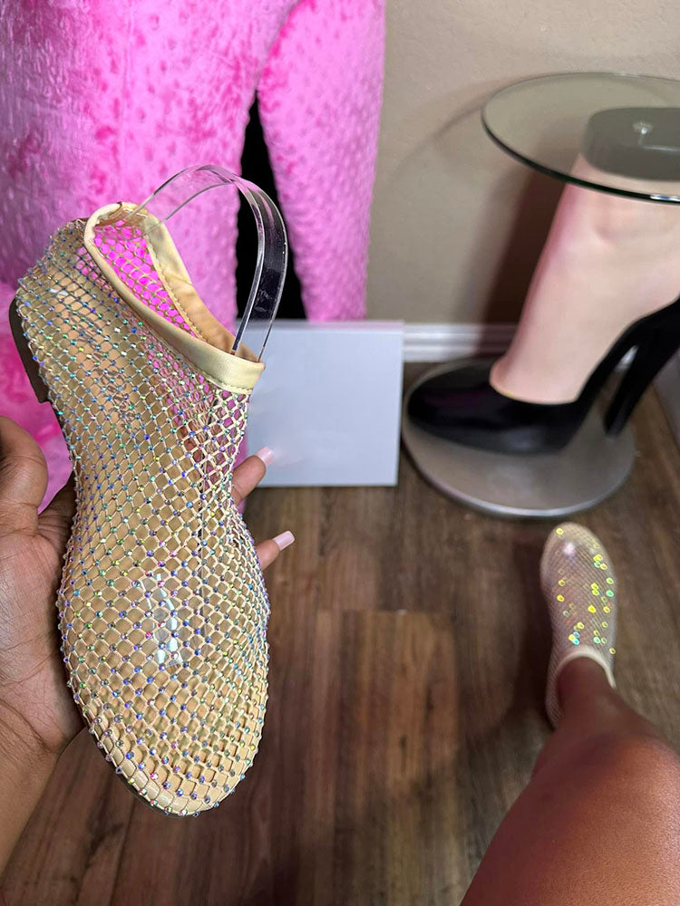 Rhinestone Mesh Flat Sandals Black / 6.5/7
