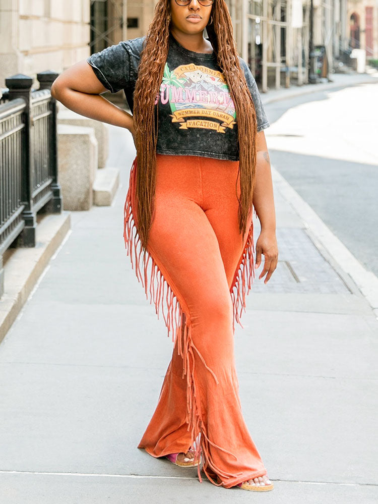 Washed Fringe Flare Pants Orange / L