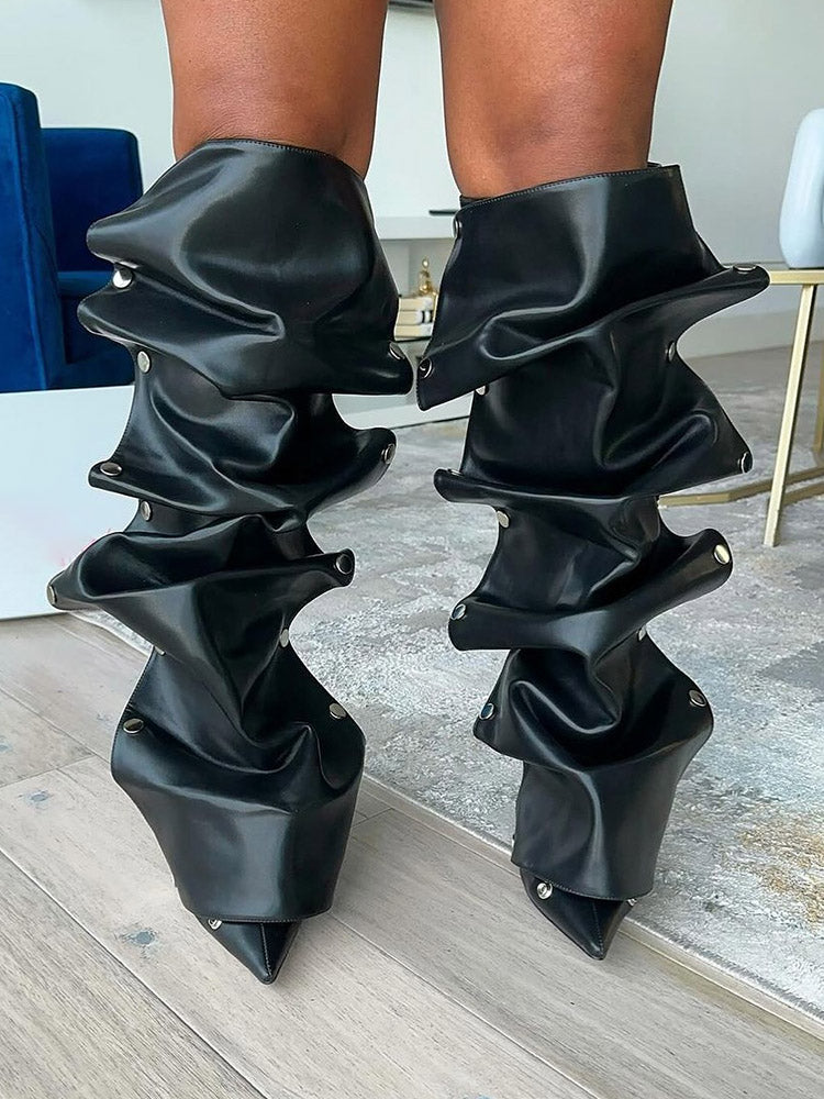 Handcrafted Leather Press Stud Knee-High Boots Black / 7.5/8