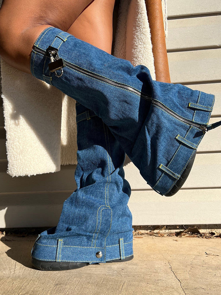Handcrafted Denim Wedge Heel Boots Blue / 5/5.5