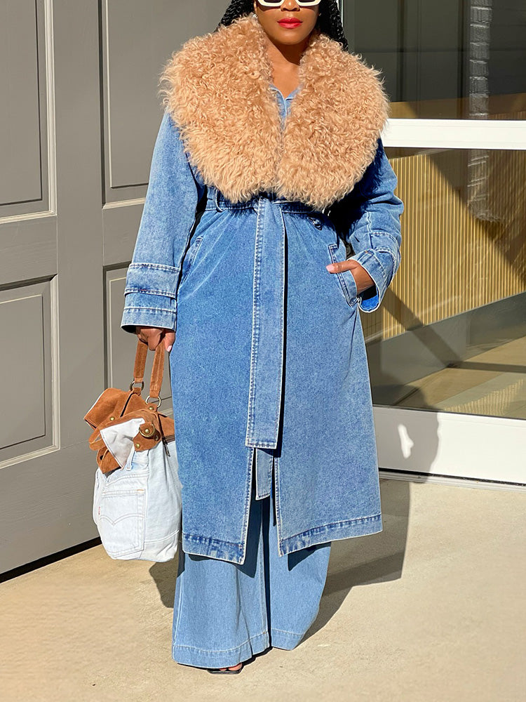 Fur Collar Denim Trench Coat *Blue / M