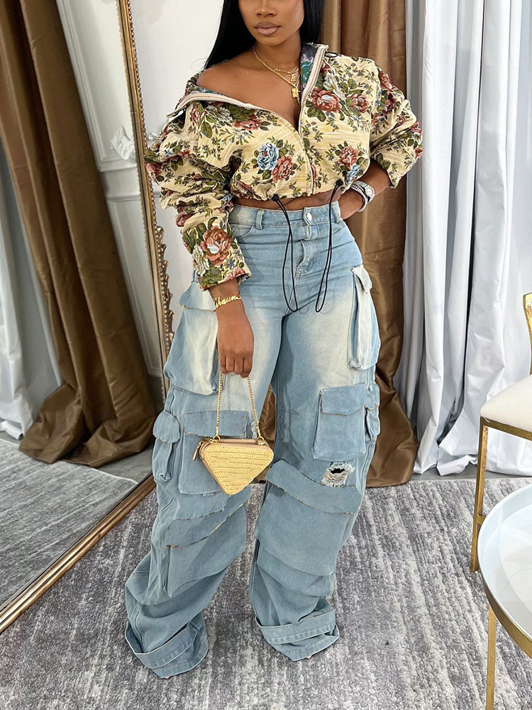 Vintage Floral Zip-Up Crop Jacket Apricot / L