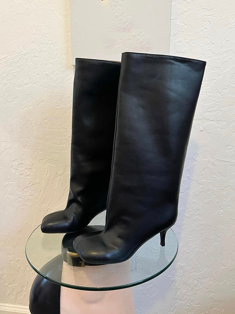 Suede Wide Calf Square Toe Boots Black / 9/9.5