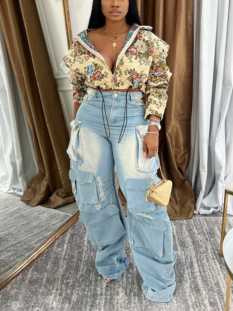 Vintage Floral Zip-Up Crop Jacket Apricot / M