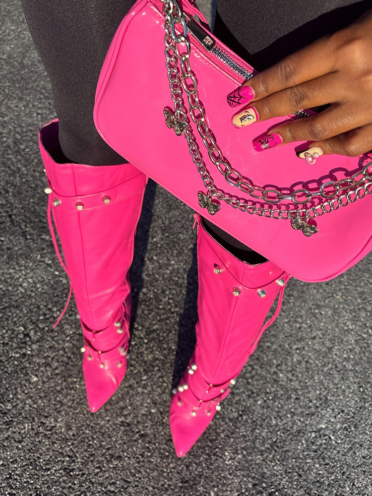 Studded Buckled Strap Leather Boots Rose / 9/9.5