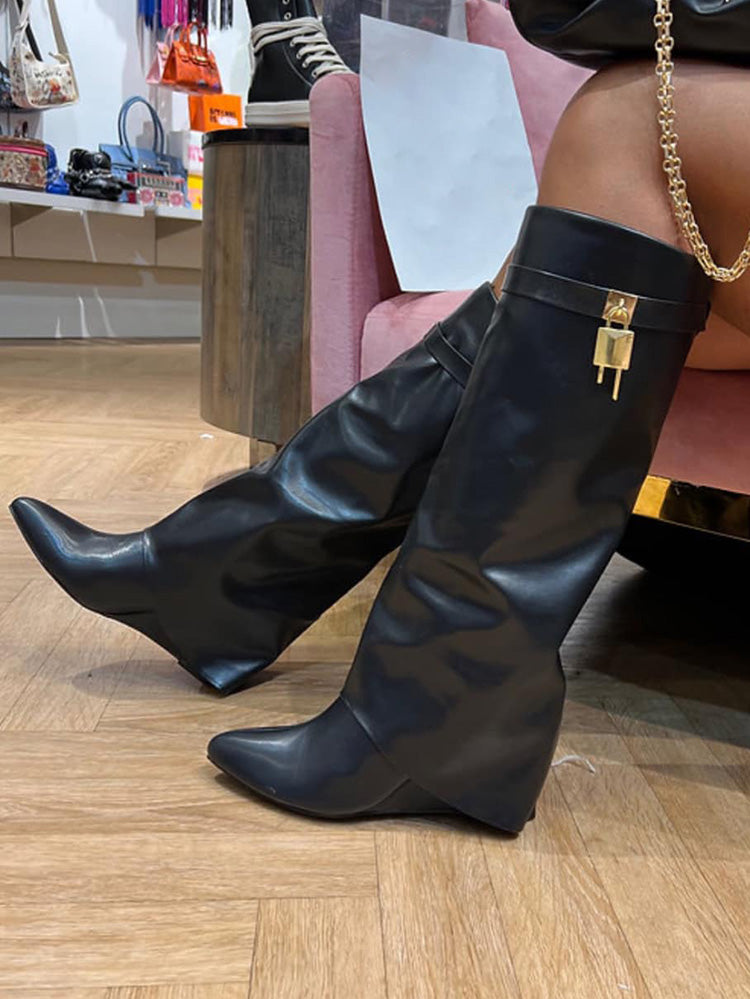 Lock & Key Leather Wedge Heel Boots Black / 6