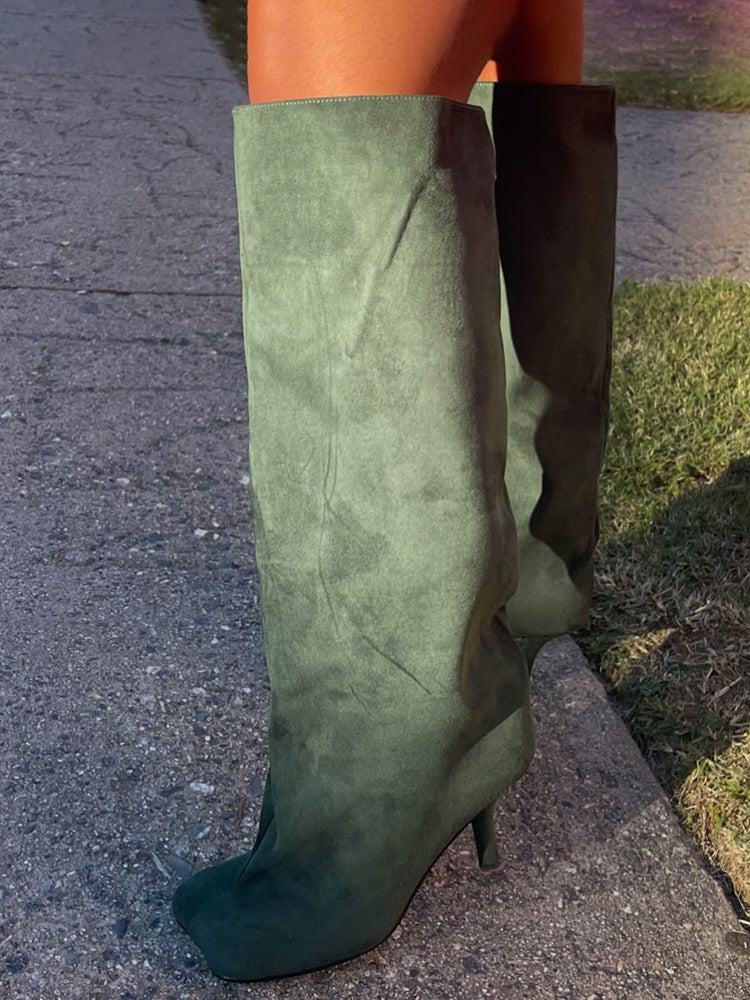 Suede Wide Calf Square Toe Boots Dark Green / 8.5