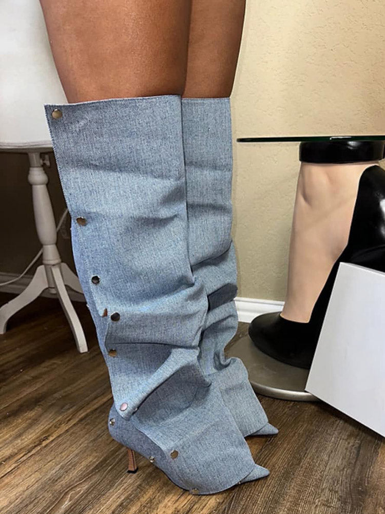 Handcrafted Leather Press Stud Knee-High Boots Coffee / 5/5.5