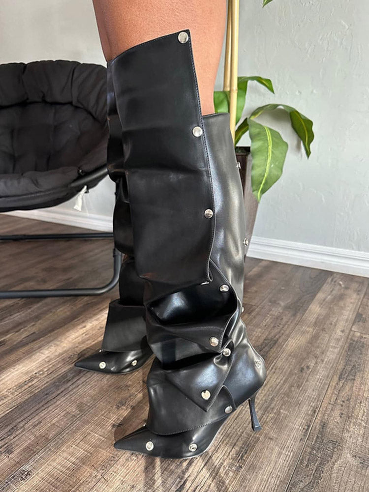 Handcrafted Leather Press Stud Knee-High Boots Black / 8.5