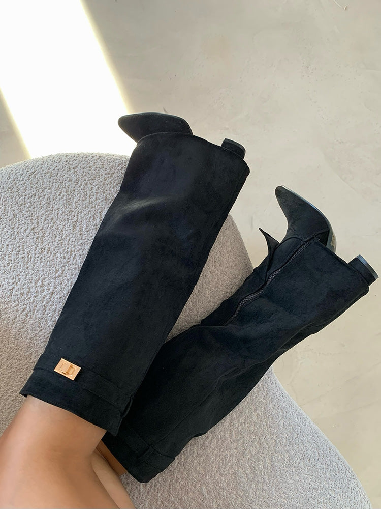 Fold Chunky Heel Knee High Boots Apricot Leather / 6.5/7