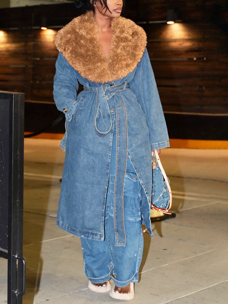 Fur Collar Denim Trench Coat *Blue / L
