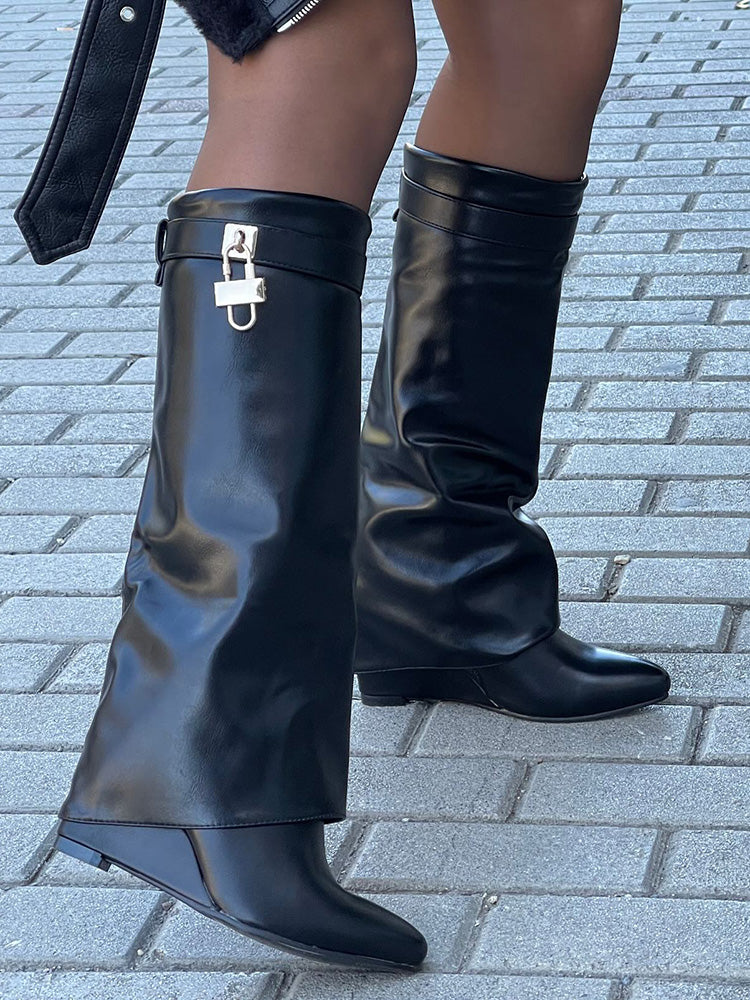 Lock & Key Leather Wedge Heel Boots Black / 6.5/7