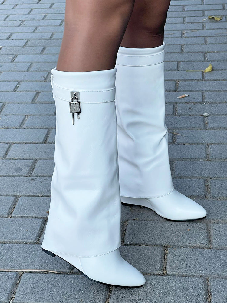 Lock & Key Leather Wedge Heel Boots White / 6