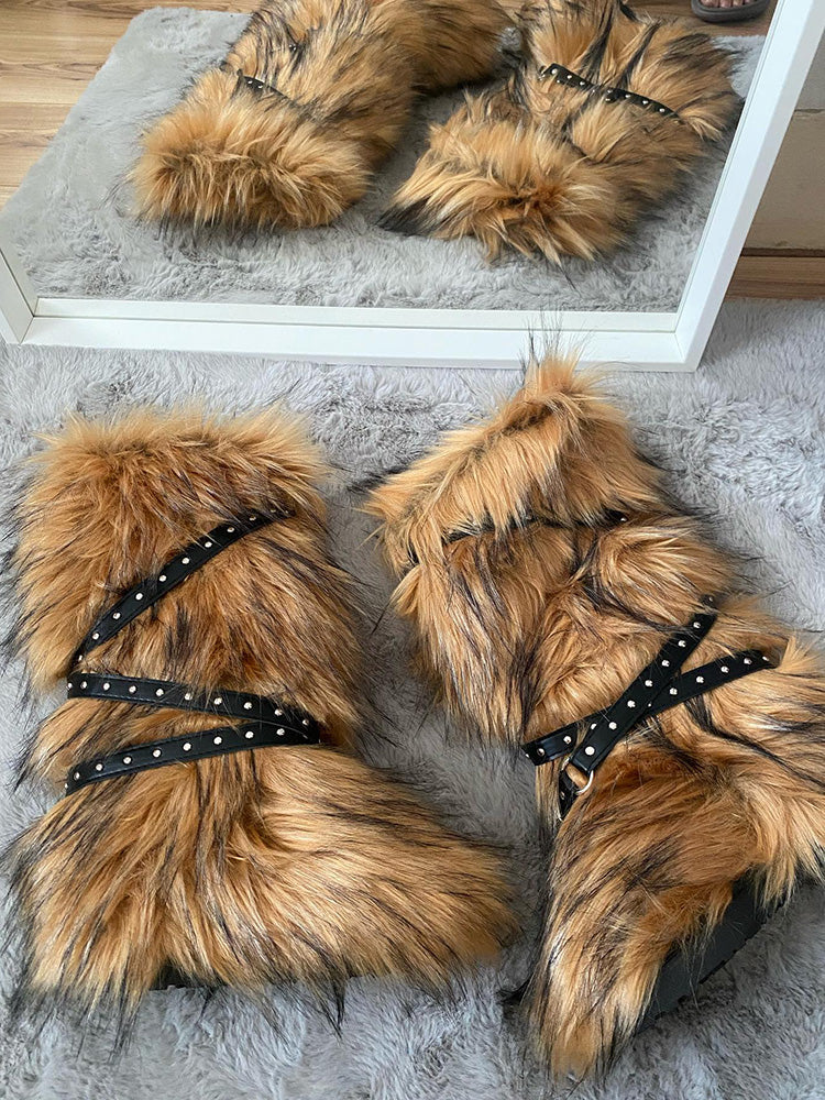 Buckle Faux Fur Boots Coffee / 7.5/8
