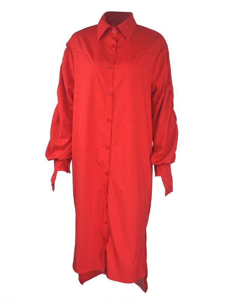 Turndown Collar Long Sleeve Shirt Dress Red / 2XL