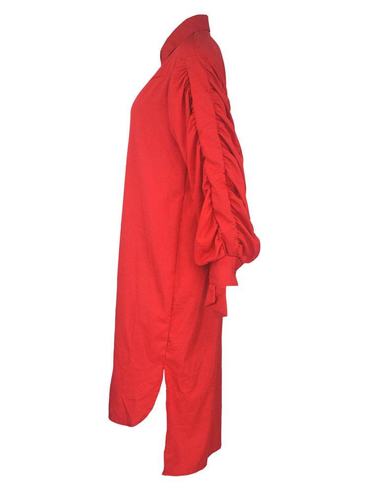 Turndown Collar Long Sleeve Shirt Dress Red / 3XL