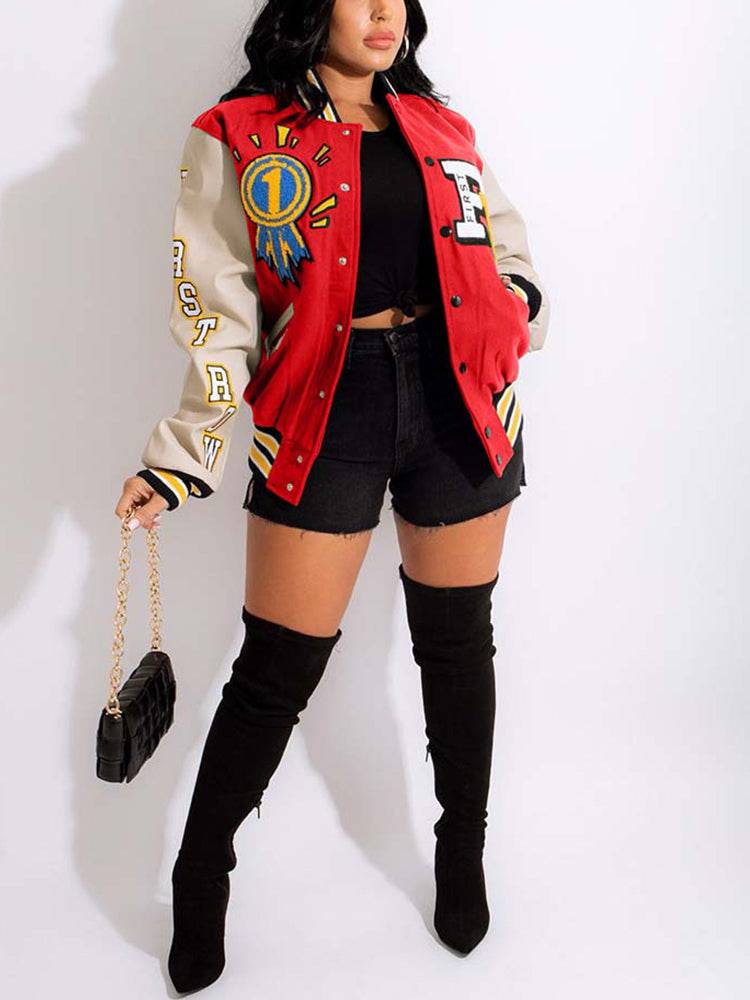 Printed Color Block Baseball Jacket Green / M