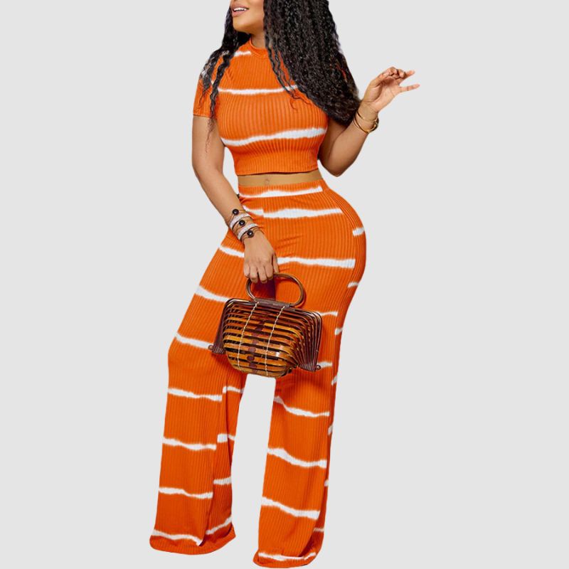 Stripe Printed Ribbed Knit Wide Leg Set Rose / XL