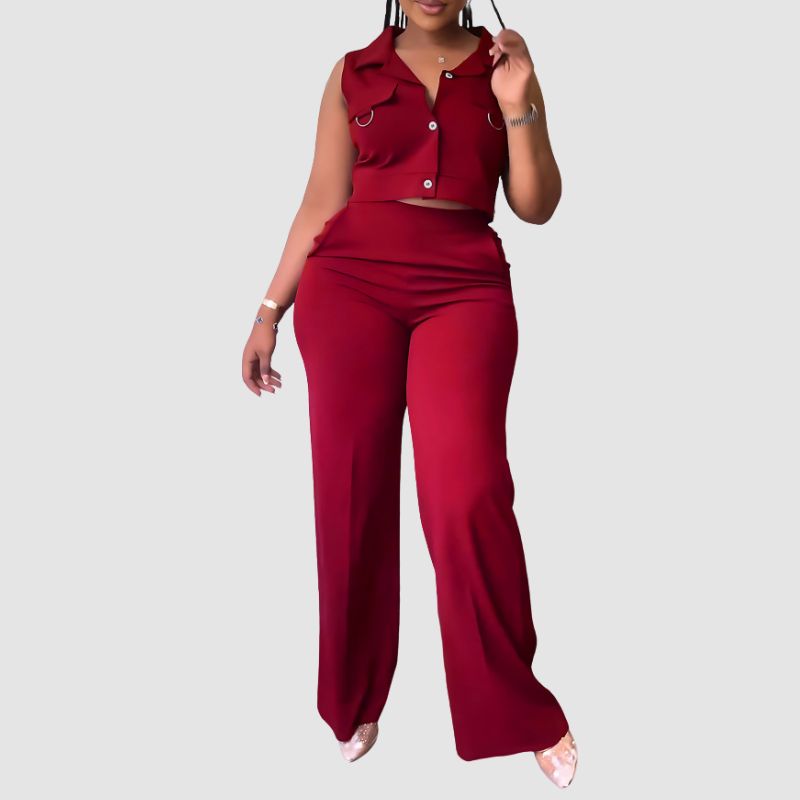 Solid Color Vest & Straight Leg Pants Set Green / XL