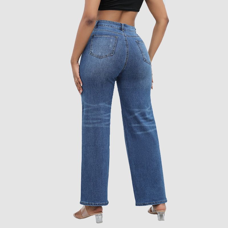 High Waist Ripped Wide Leg Jeans Dark Blue / L
