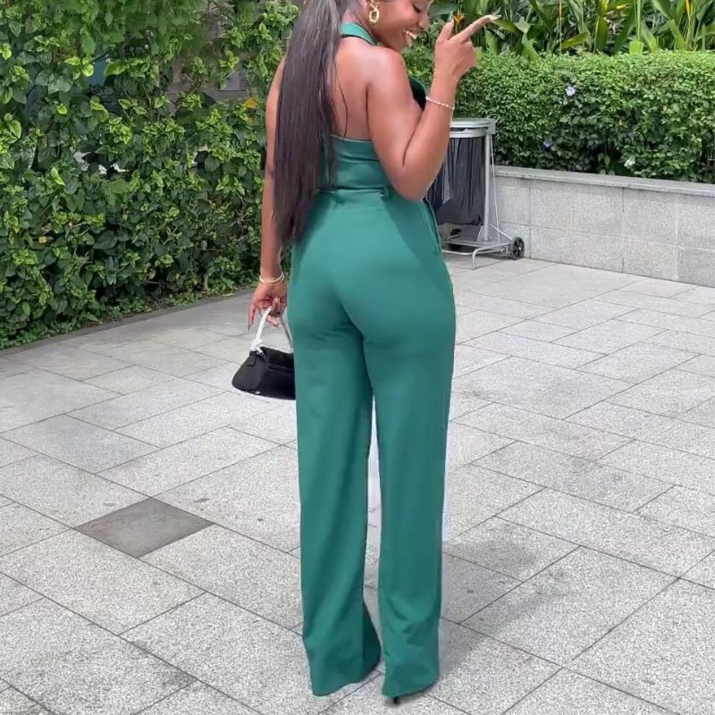 Halter Backless High Waist Jumpsuits Khaki / XL
