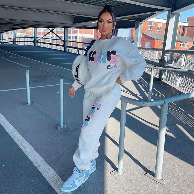 Letter Printed Design Sweatshirt Set White / S