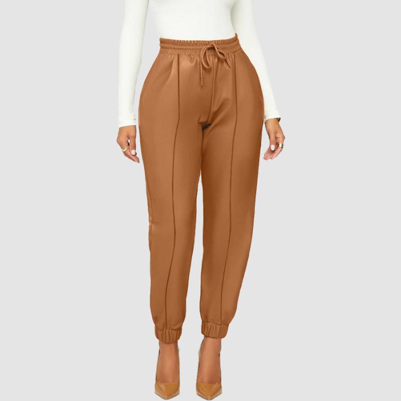Solid Color Drawstring PU Pants Red / S