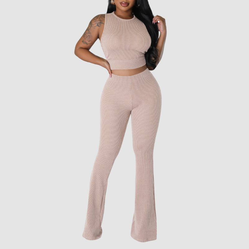 Solid Color Ribbed Knit Vest Set Orange / XL