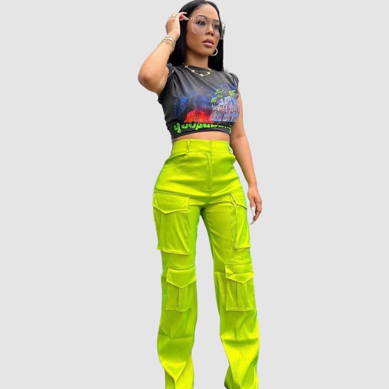 Solid Color Multi-Pocket High Waist Cargo Pants Green / XL