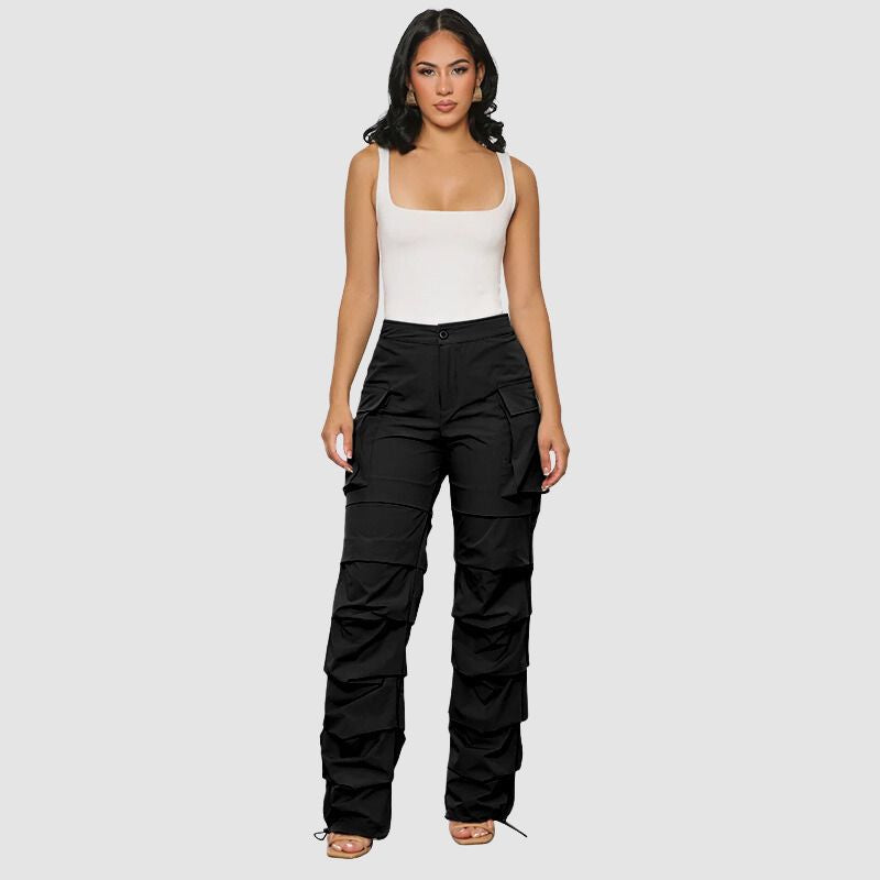 Pleated Drawstring Cargo Pants Black / XL